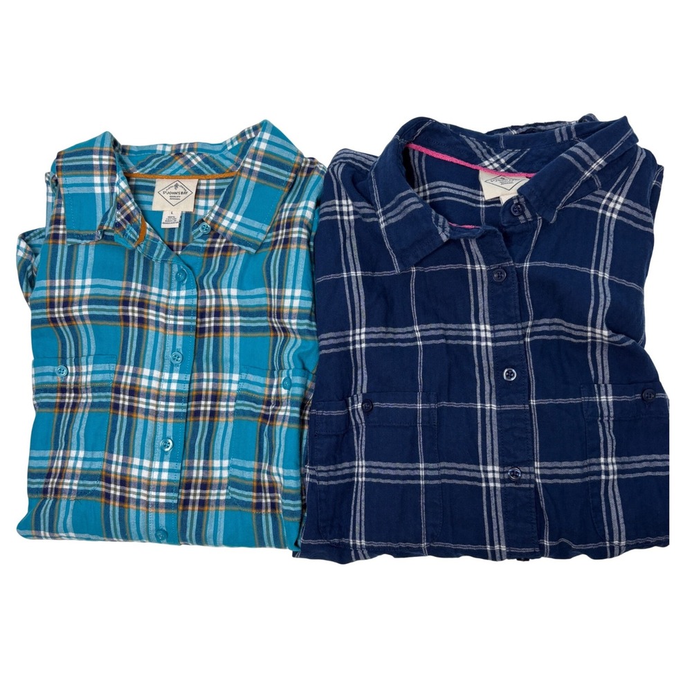 2 lot Large St. John's Bay Flannel Shirt Plaid Cotton Button Down Blue Teal